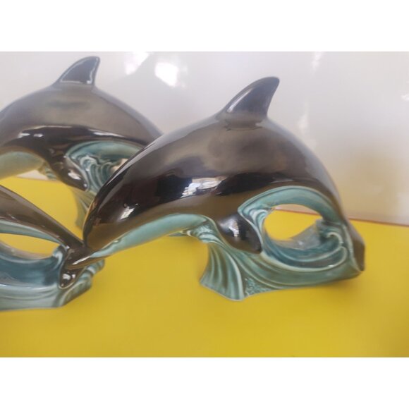Poole England Pottery Set of 3 Dolphin Figurines Blue & Black 2 - 9" 1 - 6" - Picture 2 of 14